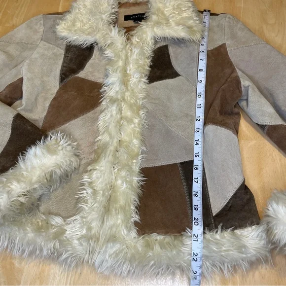 Vintage STATIC Genuine Suede Leather Patchwork Faux Fur Trim Jacket - Brown/Tan - Picture 9 of 16